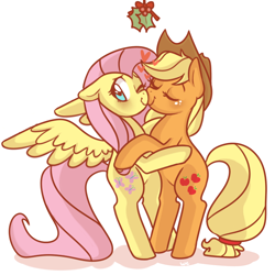 Size: 700x700 | Tagged: safe, artist:waackery, applejack, fluttershy, earth pony, pegasus, pony, appleshy, boop, christmas, eyes closed, female, heart, holly, holly mistaken for mistletoe, hug, lesbian, noseboop, one eye closed, shipping