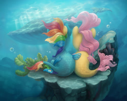 Size: 2500x2000 | Tagged: safe, artist:gor1ck, derpibooru import, fluttershy, rainbow dash, merpony, sea pony, whale, female, flutterdash, lesbian, seaponified, seapony fluttershy, seapony rainbow dash, shipping, species swap, underwater