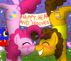 Size: 700x600 | Tagged: safe, artist:crazynutbob, cheese sandwich, pinkie pie, earth pony, pony, blushing, boop, cheesepie, female, grin, handstand, hearts and hooves day, male, noseboop, party, shipping, straight