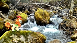 Size: 2048x1152 | Tagged: safe, artist:hihin1993, autumn blaze, irl, japan, photo, plushie, river, rock, solo, water, waterfall