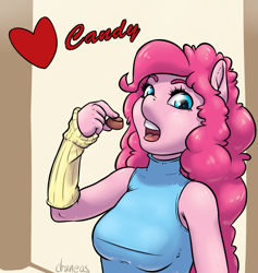 Size: 1681x1771 | Tagged: safe, artist:draneas, pinkie pie, anthro, chocolate, clothes, heart, solo, valentine's day