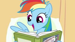 Size: 1280x720 | Tagged: safe, derpibooru import, screencap, rainbow dash, pegasus, pony, read it and weep, book, cute, dashabetes, female, mare, open mouth, pillow, reading, solo