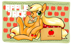 Size: 2011x1273 | Tagged: safe, artist:k :d, applejack, earth pony, pony, apple, box, eating, looking at you, pixiv, pizza, solo, wink