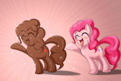 Size: 1500x1000 | Tagged: safe, artist:ushiro no kukan, pinkie pie, earth pony, pony, blushing, chocolate, cute, diapinkes, eyes closed, open mouth, smiling, solo, sparkles