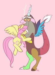 Size: 1050x1427 | Tagged: safe, artist:waackery, discord, fluttershy, pegasus, pony, blushing, discoshy, heart, male, shipping, simple background, straight