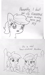 Size: 1287x2152 | Tagged: safe, artist:tjpones, derpibooru import, edit, applejack, rainbow dash, earth pony, pegasus, pony, appledash, bed, black and white, female, grayscale, in bed, lesbian, lineart, mare, monochrome, no homo, not gay, rainbow dumb, shipping, traditional art