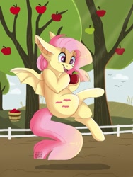 Size: 1536x2048 | Tagged: safe, artist:sarehkee, fluttershy, apple, flutterbat, solo, that pony sure does love apples