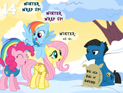 Size: 1024x768 | Tagged: safe, artist:bronybyexception, derpibooru import, fluttershy, pinkie pie, rainbow dash, oc, oc:animatedjames, earth pony, pegasus, pony, winter wrap up, advent calendar, burlap sack, christmas, gun, holiday, snow, swearing, tree, vulgar, weapon, winter, winter wrap up vest