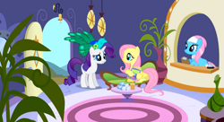 Size: 1099x597 | Tagged: safe, screencap, fluttershy, lotus blossom, rarity, pegasus, pony, unicorn, green isn't your color, hat
