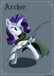 Size: 848x1200 | Tagged: safe, artist:ailynd, rarity, pony, unicorn, archer, arrow, blackletter, bow (weapon), bow and arrow, cape, clothes, ear piercing, earring, grin, jewelry, looking over shoulder, magic, piercing, quiver, shadow, smiling, solo, telekinesis, weapon