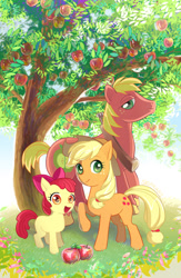 Size: 532x815 | Tagged: safe, artist:skimlines, apple bloom, applejack, big macintosh, earth pony, pony, apple siblings, apple tree, female, filly, looking at you, male, mare, stallion, tree, trio