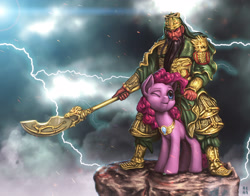 Size: 3000x2355 | Tagged: safe, artist:mrs1989, pinkie pie, human, awesome, crossover, dynasty warriors, element of laughter, guan yu, humans riding ponies, lightning, red hare, smite