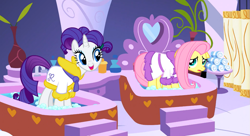 Size: 1099x597 | Tagged: safe, screencap, fluttershy, rarity, pegasus, pony, unicorn, green isn't your color, spa