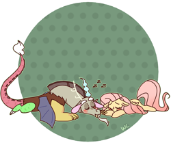 Size: 944x799 | Tagged: safe, artist:waackery, discord, fluttershy, pegasus, pony, discoshy, male, shipping, sleeping, straight, zzz