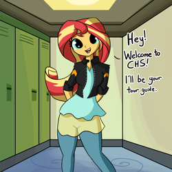 Size: 2880x2880 | Tagged: safe, artist:tjpones, sunset shimmer, equestria girls, bronybait, canterlot high, cute, dialogue, hands behind back, high res, lockers, looking at you, shimmerbetes, solo, talking to viewer, wide hips