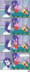 Size: 820x1950 | Tagged: safe, artist:jessesmash32, cookie crumbles, rarity, pony, unicorn, comic, cupcake, dialogue, food, macaron, muffin