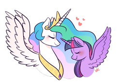 Size: 1125x765 | Tagged: safe, artist:waackery, princess celestia, twilight sparkle, twilight sparkle (alicorn), alicorn, pony, blushing, eyes closed, female, heart, lesbian, mare, shipping, simple background, smiling, spread wings, transparent background, twilestia