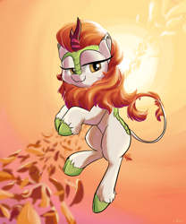 Size: 2000x2400 | Tagged: safe, artist:rocket-lawnchair, autumn blaze, kirin, :3, backlighting, cloven hooves, female, leaves, lidded eyes, looking at you, smiling, solo, sun