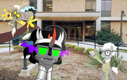 Size: 1021x649 | Tagged: safe, derpibooru import, edit, discord, king sombra, pony, unicorn, building, college, covalent bond, irl, kent state university, me gusta, photo, ponies in real life, university