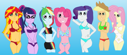 Size: 1599x700 | Tagged: artist needed, safe, applejack, fluttershy, pinkie pie, rainbow dash, rarity, sci-twi, sunset shimmer, twilight sparkle, equestria girls, applerack, belly button, bikini, bikini babe, bikini bottom, bikini shorts, bikini top, breasts, clothes, explicit source, fanfic, fanfic art, fanfic cover, headlight sparkle, hootershy, humane five, humane seven, humane six, one-piece swimsuit, pinkie pies, quality, raritits, sunset jiggler, swimsuit