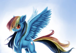 Size: 1703x1200 | Tagged: safe, artist:unousaya, derpibooru import, rainbow dash, pegasus, pony, red eyes, solo, spread wings, wings