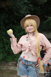 Size: 800x1200 | Tagged: safe, artist:ayumishka, applejack, human, belly button, cosplay, front knot midriff, hat, irl, irl human, midriff, photo, solo