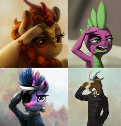 Size: 2673x2782 | Tagged: safe, artist:bra1neater, artist:cyanoger, artist:gor1ck, artist:nemo2d, autumn blaze, discord, spike, twilight sparkle, draconequus, dragon, kirin, unicorn, armpits, cigarette, clothes, coat, crying, eyepatch, future twilight, meme, ponified animal photo, ponified meme, press f to pay respects, salute, smoking