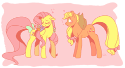 Size: 871x479 | Tagged: safe, artist:waackery, applejack, fluttershy, earth pony, pegasus, pony, appleshy, blushing, bouquet, bow, female, floppy ears, flower, heart, lesbian, pixel art, shipping, tail bow