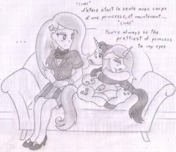 Size: 1706x1475 | Tagged: safe, artist:poseidonathenea, derpibooru import, fancypants, fleur-de-lis, equestria girls, friendship games, crying, french, human ponidox, monochrome, pencil drawing, sofa, traditional art, translated in the comments