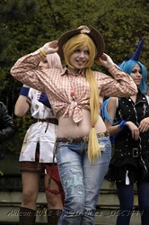 Size: 426x640 | Tagged: safe, artist:ayumishka, applejack, human, belly button, cosplay, front knot midriff, hat, irl, irl human, midriff, photo