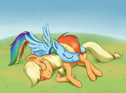 Size: 898x667 | Tagged: safe, artist:el-yeguero, derpibooru import, applejack, rainbow dash, earth pony, pegasus, pony, appledash, female, lesbian, shipping, sleeping, wingboner