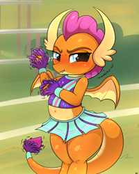 Size: 2000x2500 | Tagged: safe, artist:heavymetalbronyyeah, smolder, dragon, 2 4 6 greaaat, adorable face, adorasexy, belly, belly button, cheerleader, cheerleader smolder, cute, descriptive noise, embarrassed, female, humiliated, humiliation, midriff, sexy, smolderbetes, smoldere, solo, tsundere, wide hips