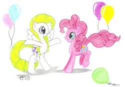 Size: 1024x718 | Tagged: safe, artist:hanvii82, pinkie pie, surprise, earth pony, pony, g1, balloon, traditional art