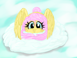 Size: 2048x1536 | Tagged: safe, artist:prokrastynatorka, fluttershy, pegasus, pony, cloud, cloudy, looking at you, prone, sad, solo, spread wings