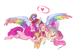 Size: 1597x1127 | Tagged: safe, artist:doodleteal, derpibooru import, fluttershy, pinkie pie, rainbow dash, scootaloo, earth pony, pegasus, pony, adopted offspring, adoption, cute, eyes closed, female, flutterdashpie, group hug, heart, hug, lesbian, parent:fluttershy, parent:pinkie pie, parent:rainbow dash, polyamory, scootadoption, scootalove, shipping, smiling, snuggling