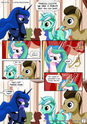 Size: 955x1351 | Tagged: safe, artist:mysticalpha, doctor whooves, lyra heartstrings, princess celestia, princess luna, alicorn, earth pony, pony, unicorn, comic:day in the lives of the royal sisters, :o, comic, crown, dialogue, female, frown, horseshoes, magic, male, mare, open mouth, peytral, speech bubble, stallion, telekinesis, thinking cap, tiara, unamused