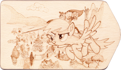 Size: 2780x1600 | Tagged: safe, artist:malte279, derpy hooves, spike, dragon, aerial view, armor, bird's eye view, canterlot, craft, flight, knight, lance, ponyville, pyrography, traditional art, weapon