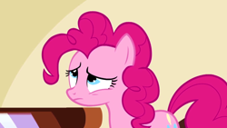 Size: 640x360 | Tagged: safe, screencap, pinkie pie, earth pony, pony, female, mare, pink coat, pink mane, simple background, solo