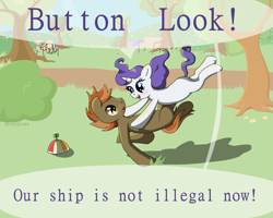 Size: 1281x1023 | Tagged: safe, artist:shineyluna, button mash, rarity, pony, unicorn, age regression, blank flank, blushing, crack shipping, disheveled, female, filly, filly rarity, funny, male, park, rarimash, shipping, straight, tackle