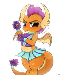 Size: 2000x2500 | Tagged: safe, alternate version, artist:heavymetalbronyyeah, smolder, 2 4 6 greaaat, belly, belly button, blushing, blushing profusely, cheerleader outfit, cheerleader smolder, clothes, cute, embarrassed, humiliated, humiliation, midriff, simple background, smolderbetes, smoldere, solo, tsundere, white background, wide hips