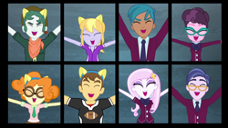 Size: 1280x720 | Tagged: safe, derpibooru import, screencap, carlos thunderbolt, clayton potter, cloudy kicks, fleur-de-lis, larry cooper, scott green, scribble dee, teddy t. touchdown, varsity trim, acadeca, equestria girls, friendship games, background human, clothes, crystal prep academy uniform, school uniform