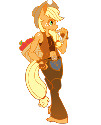 Size: 2000x2473 | Tagged: safe, artist:tobi-the-good-boy, applejack, anthro, unguligrade anthro, apple, basket, belt, carrying, chaps, clothes, cowboy vest, fingerless gloves, gloves, midriff, simple background, solo, transparent background, unshorn fetlocks