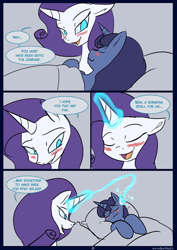 Size: 850x1200 | Tagged: safe, artist:kanashiipanda, night light, rarity, pony, unicorn, comic:royal business trip, adultery, bed, blushing, comic, infidelity, magic, sleeping