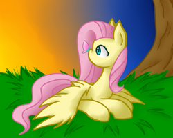 Size: 1024x819 | Tagged: safe, artist:jadekettu, fluttershy, butterfly, pegasus, pony, butterfly on nose, grass, insect on nose, prone, solo