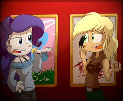 Size: 1400x1152 | Tagged: safe, artist:fj-c, applejack, rarity, equestria girls, cinema, hatless, missing accessory