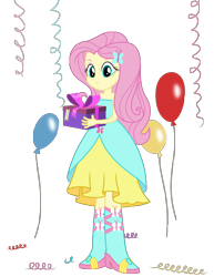 Size: 4806x6213 | Tagged: safe, artist:kiowa213, fluttershy, equestria girls, absurd resolution, balloon, beautiful, boots, clothes, confetti, cute, dress, fall formal outfits, happy, high heel boots, present, sleeveless, smiling, strapless