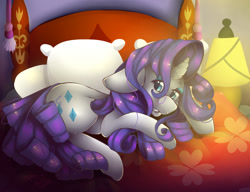 Size: 1300x1000 | Tagged: safe, artist:shushikitty, rarity, pony, unicorn, bed, female, horn, mare, purple mane, solo, white coat