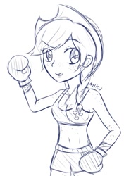 Size: 751x1064 | Tagged: safe, artist:begomiku, applejack, human, boxing gloves, humanized, monochrome, solo