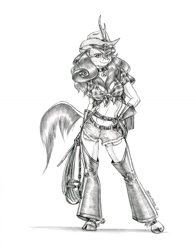 Size: 1000x1275 | Tagged: safe, artist:baron engel, autumn blaze, anthro, kirin, unguligrade anthro, belly button, belt, breasts, bridle, busty autumn blaze, chaps, cleavage, clothes, collar, cowboy hat, cowgirl, cowgirl outfit, daisy dukes, female, front knot midriff, gloves, hand on hip, hat, implied autumnjack, legs, midriff, monochrome, pencil drawing, pet tag, reins, rope, sexy, shorts, simple background, sketch, solo, spurs, stetson, tack, thighs, traditional art, white background