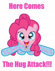 Size: 1916x2462 | Tagged: safe, artist:spellboundcanvas, pinkie pie, earth pony, pony, bronybait, clothes, footed sleeper, hug, image macro, incoming hug, meme, pajamas, pink text